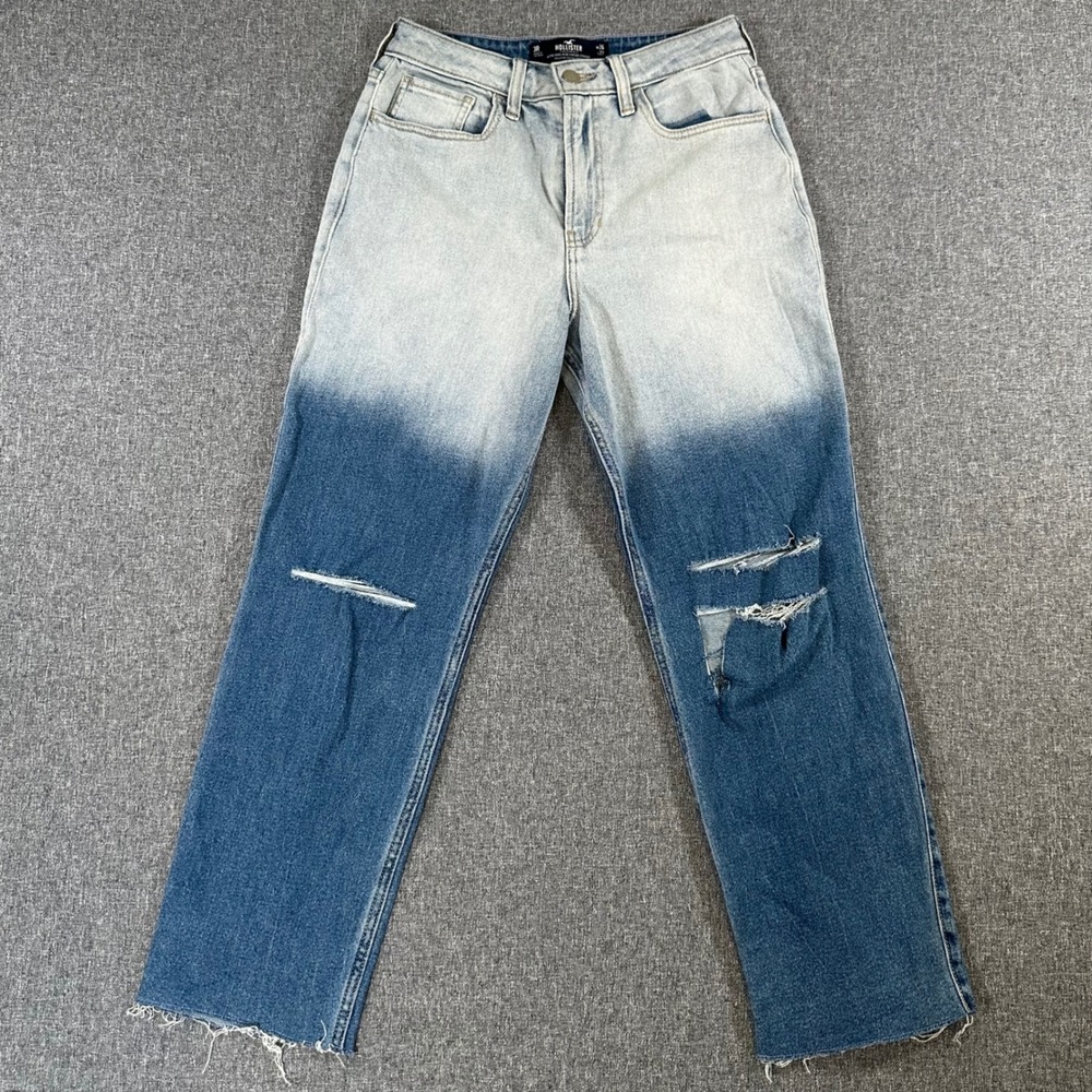Hollister Ultra High Rise Vintage Straight Jeans Ombre Dip Dye Blue Ripped 3R